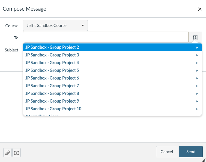 screenshot of Canvas inbox showing a list of groups