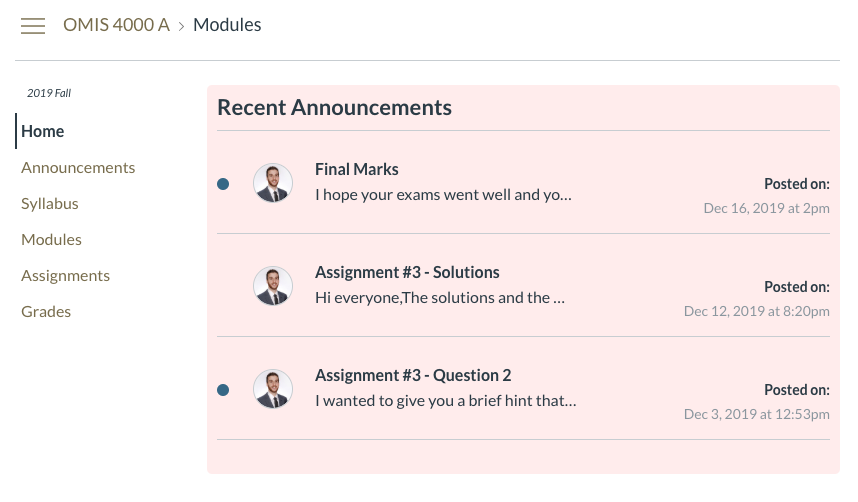 Canvas course with the three most recent announcements shown at the top of the page.