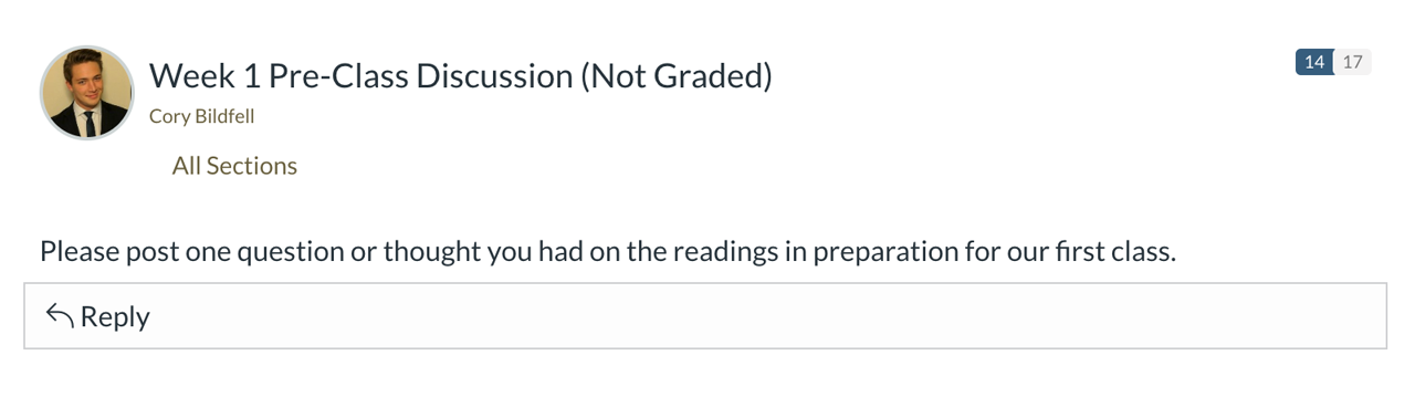 Picture of instructor and prompt for discussion: please post one question or thought you had on the readings in preparation for our first class