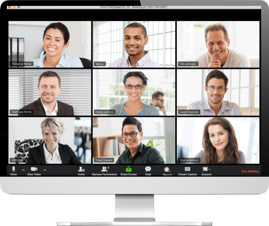Desktop screen showing 9 people in a virtual meeting